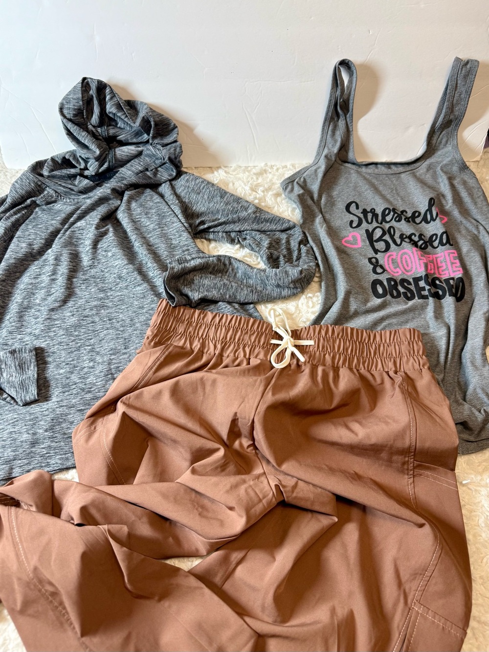 Reebok Gray Tank Top and Hoodie Set with Rust Pants